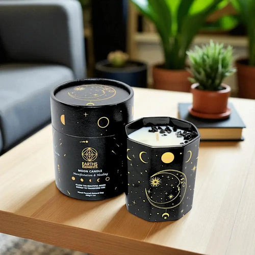 Lunar Moon Candle with Quartz and Black Obsidian