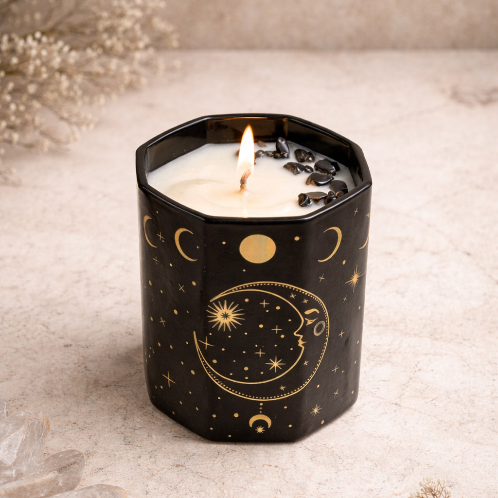Lunar Moon Candle with Quartz and Black Obsidian