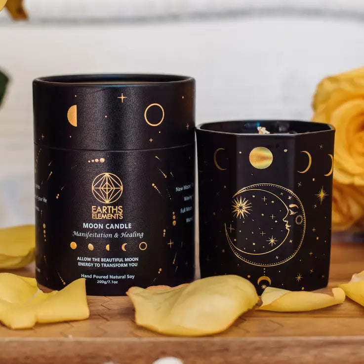 Lunar Moon Candle with Quartz and Black Obsidian