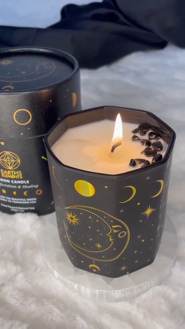 Lunar Moon Candle with Quartz and Black Obsidian